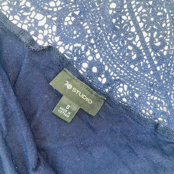 AB Studio Short Sleeve Cardigan Open Front Handkerchief Hem Navy Women S - Picture 5 of 6